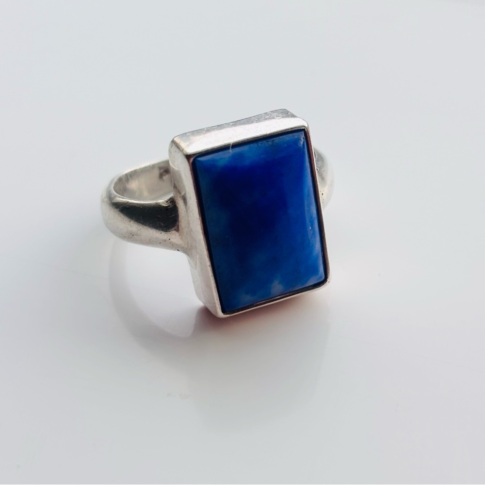 Vintage Mexican TAXCO 925 Silver Rectangular Lapislazuli Blue Gemstone Ring 5.5